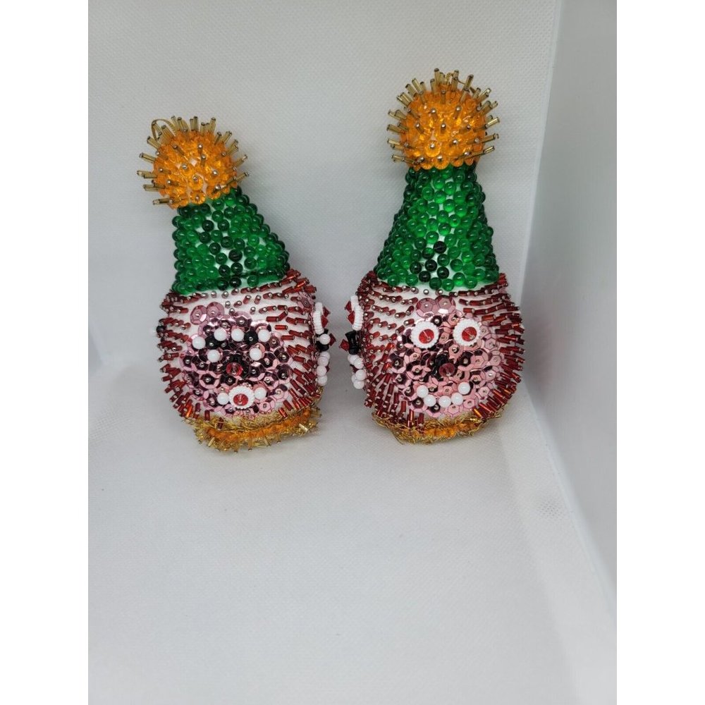 2 Clown Christmas Ornament Sequined Push Pin Beaded four face 5.5"